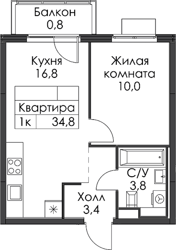 1-комнатная квартира 34.8 м², 9/15 эт., ЖК «Заречный парк»